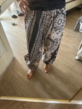 Flowy Black and White Boho Print Palazzo Pants